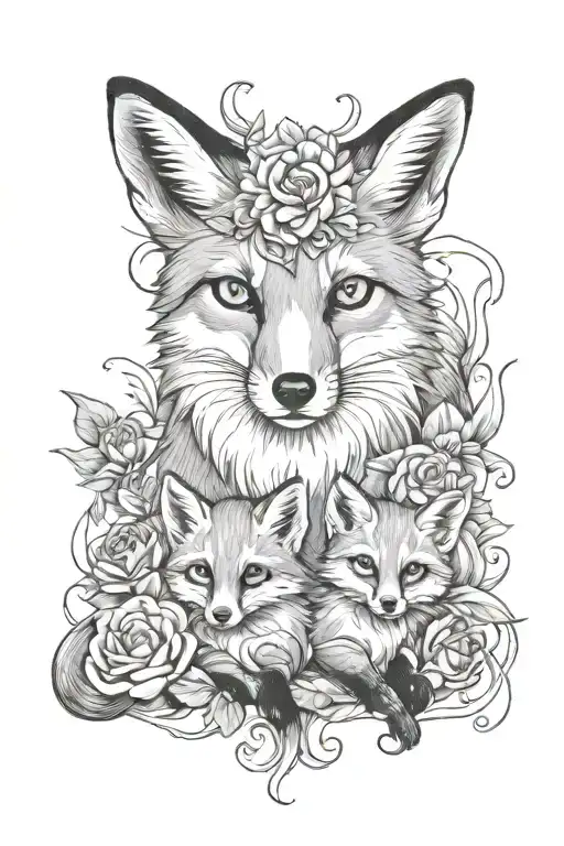 fox mother guiding babies tattoo design idea