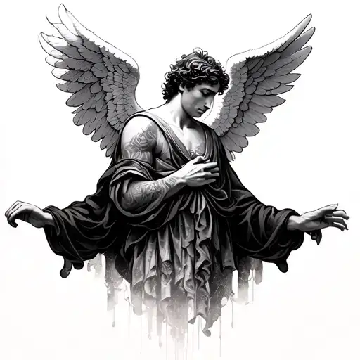 male Angel with spread wings looking down with a design that goes downwards tattoo design idea