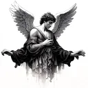 male Angel with spread wings looking down with a design that goes downwards tattoo design idea