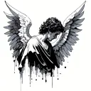 male Angel with spread wings looking down with a design that goes downwards tattoo design idea
