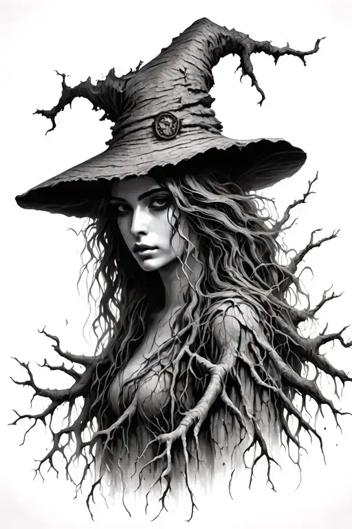 Exquisitely detailed and natural oil painting of an ancient witch made of tree bark and roots. tattoo design idea