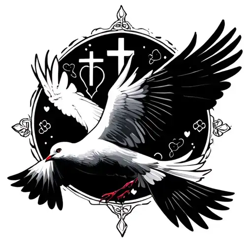 two doves flying together representing love with some cross and christian details around them tattoo design idea