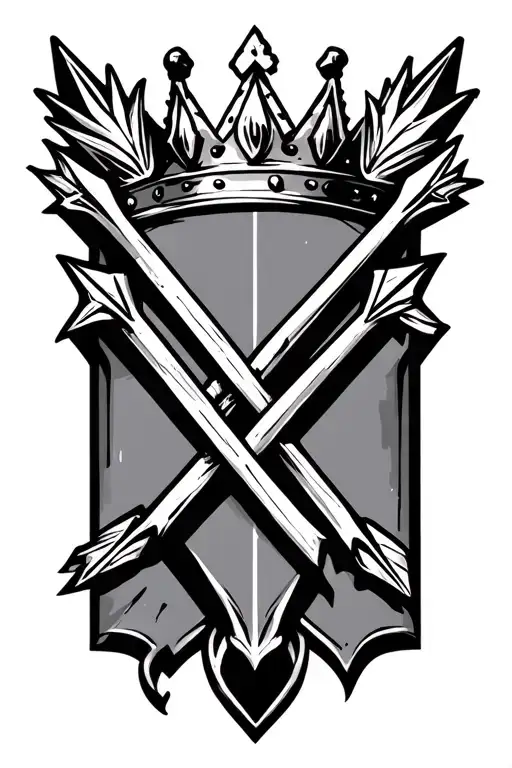 three arrows in slight V formation pointing to a crown. Art style is illustrative tattoo design idea