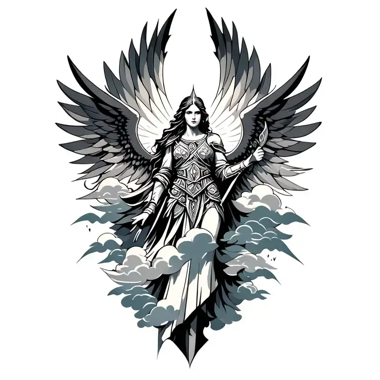 Meaningful warrior angel, Norse Valkyrie, clouds, rays, floral tattoo design idea
