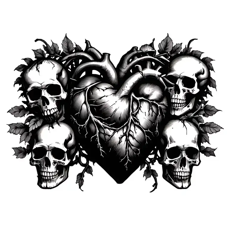 anatomical heart with skulls and vines tattoo design idea