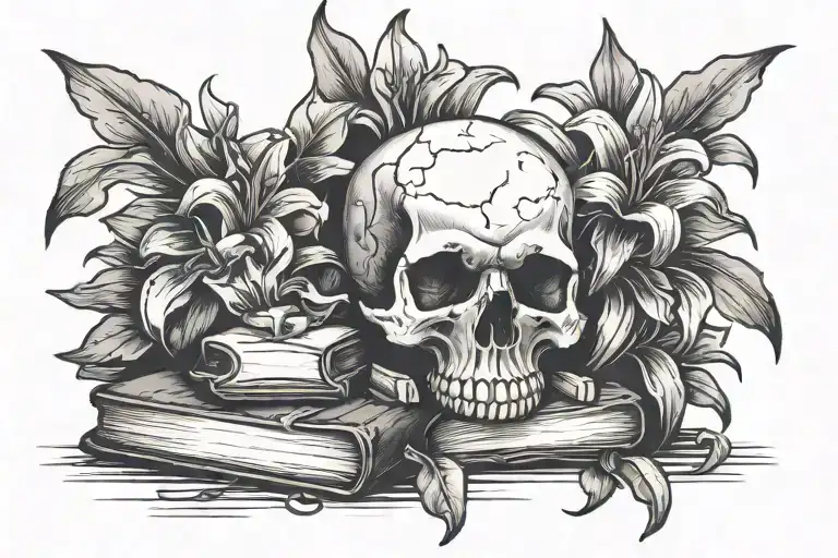 Skull with lily next to melted candle on top of haphazard stacks of books tattoo design idea