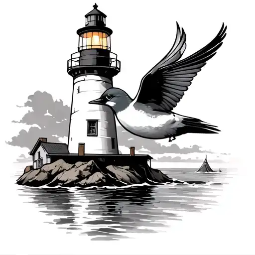 AN OLD SCHOOL LIGHTHOUSE WITH A SWALLOW ON ITS HAND tattoo design idea