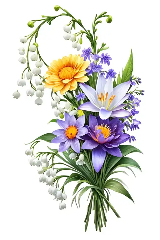 bouquet of lily of the valley, violet, water lily, larkspur, marigold, narcissus, cosmos, and chrysanthemum tattoo design idea
