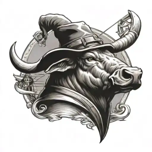 Bull holding a bow and arrow, with a dutch windmill as a hat tattoo design idea