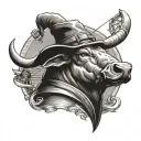 Bull holding a bow and arrow, with a dutch windmill as a hat tattoo design idea