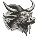 Bull holding a bow and arrow, with a dutch windmill as a hat tattoo design idea