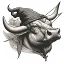 Bull holding a bow and arrow, with a dutch windmill as a hat tattoo design idea