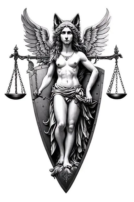 Combine Roman Virgo Allegory , themis scales, ladder, wolf and shield in one idea tattoo design idea