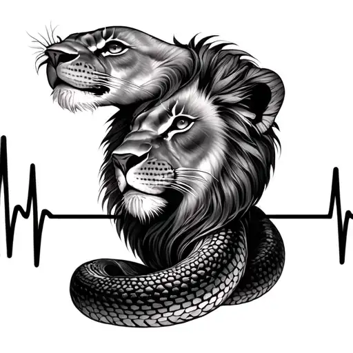 snake and lion with baby heartbeat line tattoo design idea