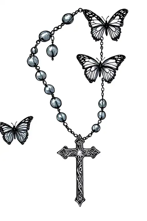 a tattoo design resembling a rosary with butterflies instead of beads and a cross at the end tattoo design idea