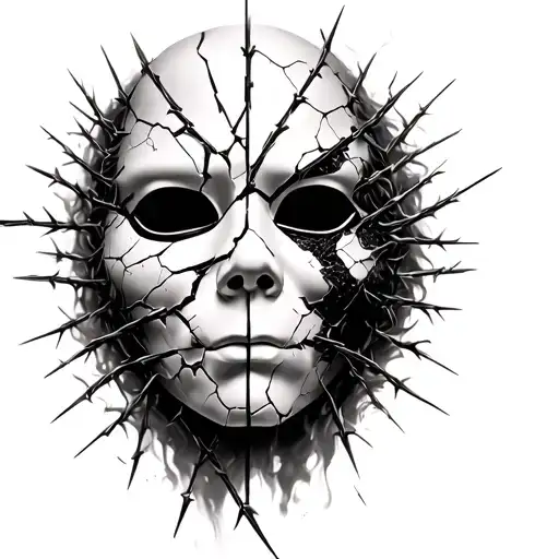 porcelain mask cracked, another face under,  chaos glitch, split open, thorned barbed wire psychosis, drugs, smoke tattoo design idea