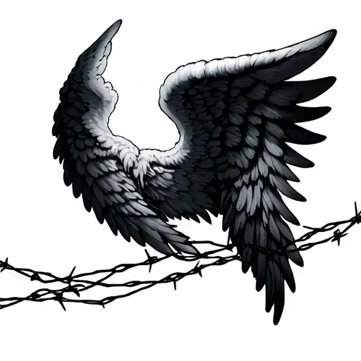 angel wings with barbed wire wrapped around its tattoo design idea