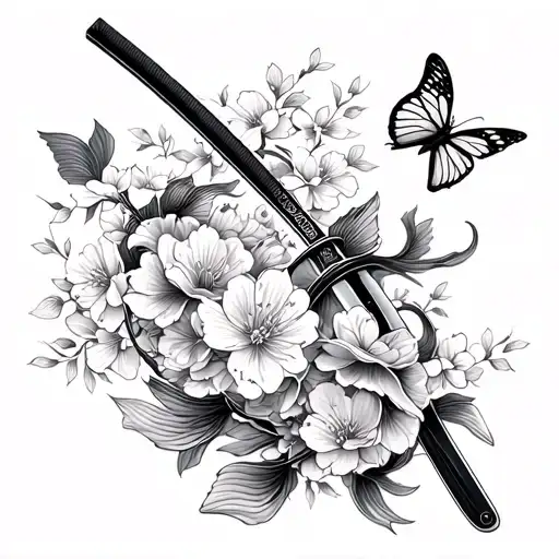 A katana wrapped in delicate cherry blossoms and two koi fish, with butterflies resting near the handle. The design blen tattoo design idea