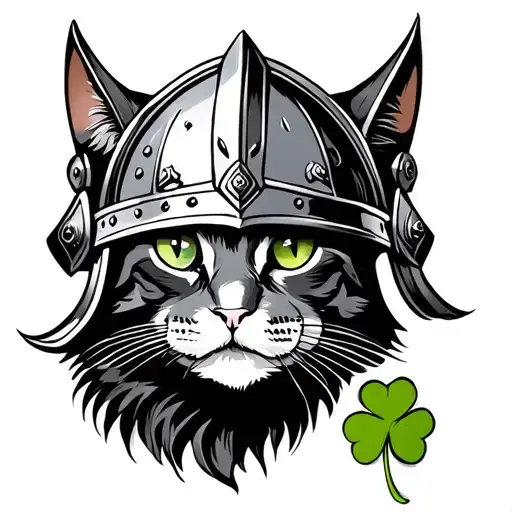 viking helmeted cat with 4 leaf clover fur patch tattoo design idea
