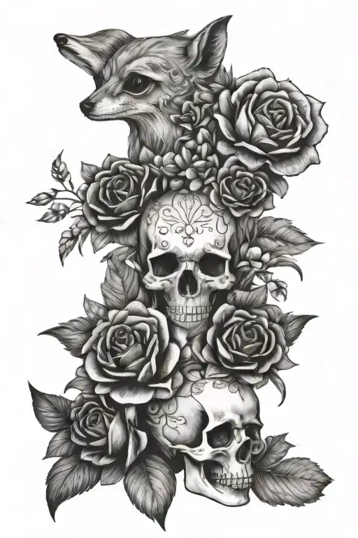 It is a simple black-and-white illustration of a collage of flowers, foxes, and skulls PNG file, transparent background tattoo design idea