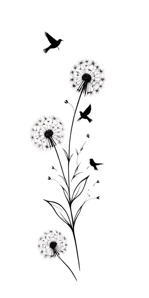 Dandelion with flowingpetals converting into few birds tattoo from wrist to shoulder and neck tattoo design idea