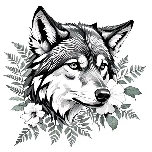 wolf, ash leaves, fern leaves, roses mayflowers hibiscus tattoo design idea