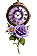 clock, rose, violet, amethyst, daisy, date of birth tattoo design idea