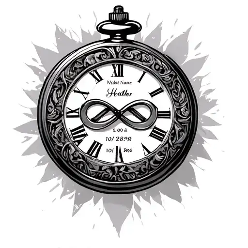Pocket watch, first name heather, date of birth 10/28/2009, hourglass, infinity tattoo design idea