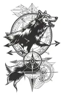 wolf line arrow compass tattoo design idea