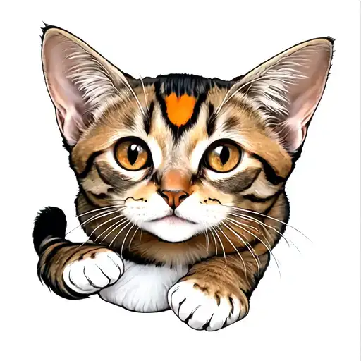 skinny female brown tabby cat, short hair, white hair on belly and chest, orange spot on head, white paws, black stripes tattoo design idea