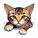 skinny female brown tabby cat, short hair, white hair on belly and chest, orange spot on head, white paws, black stripes tattoo design idea