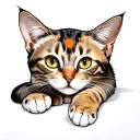 skinny female brown tabby cat, short hair, white hair on belly and chest, orange spot on head, white paws, black stripes tattoo design idea