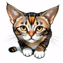 skinny female brown tabby cat, short hair, white hair on belly and chest, orange spot on head, white paws, black stripes tattoo design idea