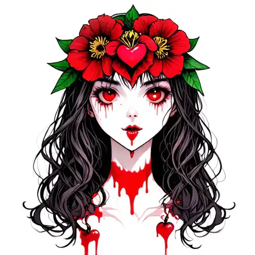 scary girl bleeding heart flower tattoo design idea