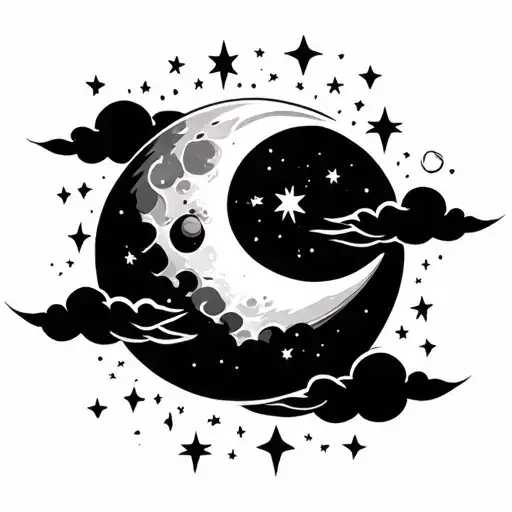 moon, cloud, shooting star tattoo design idea