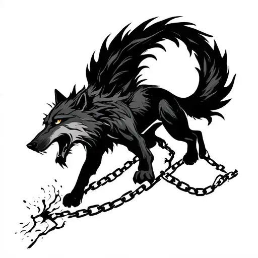 A minimalist yet powerful tattoo of the Norse wolf Fenrir breaking free from his chains, symbolizing strength and rebellion tattoo design idea