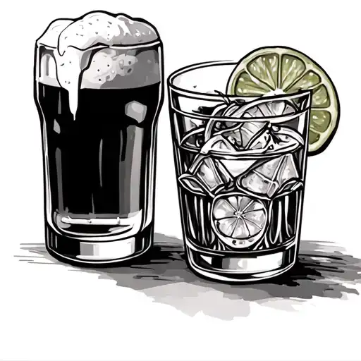 Shot glass of tequila with a draft beer next to it tattoo design idea