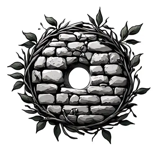 III.IV.MMXXII with negative space cobblestone wall and olive vines/branches wrapped around tattoo design idea