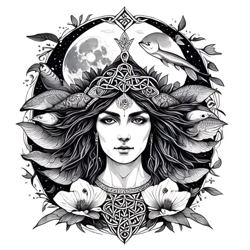 Celtic Goddess, Danu. Surrounded by Salmon, the moon and Moonflowers tattoo design idea