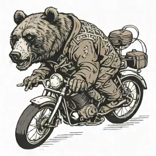 A Russian bear in a leather jacket rides a bike and growls tattoo design idea