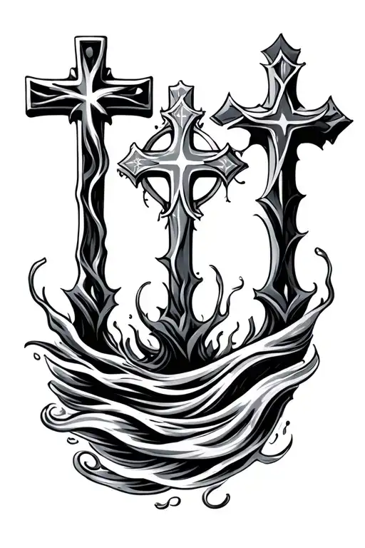three crosses on the buttom, Iversen on top the crosses and some wave shadow tattoo design idea