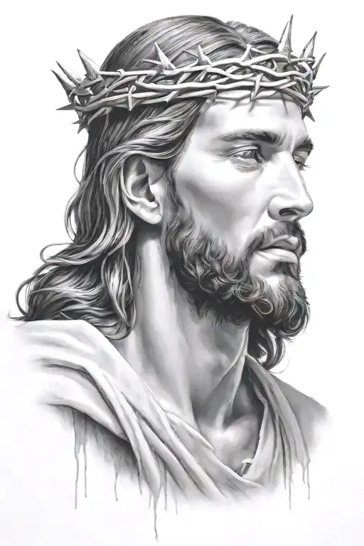Hyper realistic portrait of Jesus Christ with a crown of thorns, looking down , loving expression, blood drippin tattoo design idea