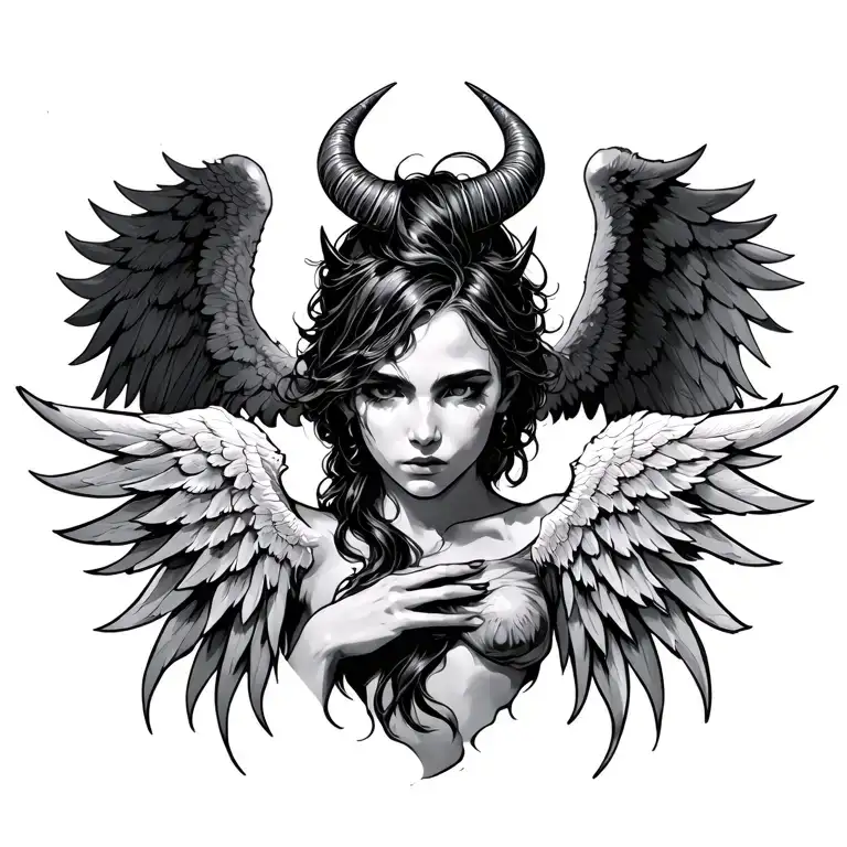 demon angel, demon wing, angel horn, angel wing, demon horn tattoo design idea