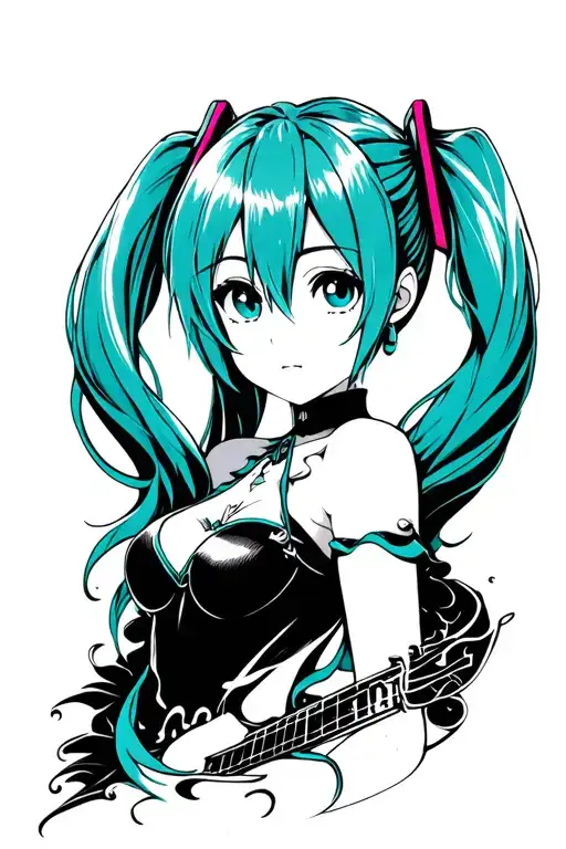 design me a blackwork style tattoo of the character Hatsune miku full body tattoo design idea