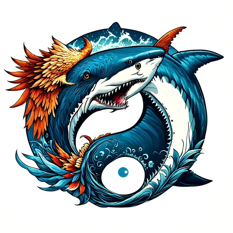 ying yang great white shark and fenix coming tattoo design idea