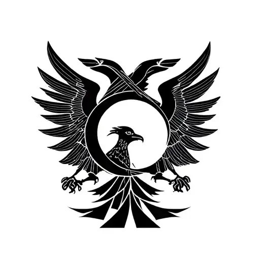 Minimalist fineline tattoo design featuring a stylized crescent moon and a double-headed Russian eagle tattoo design idea