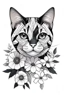 Cat with geometric lines on face thin lines simple With flowers  tattoo design idea