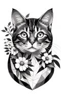 Cat with geometric lines on face thin lines simple With flowers  tattoo design idea