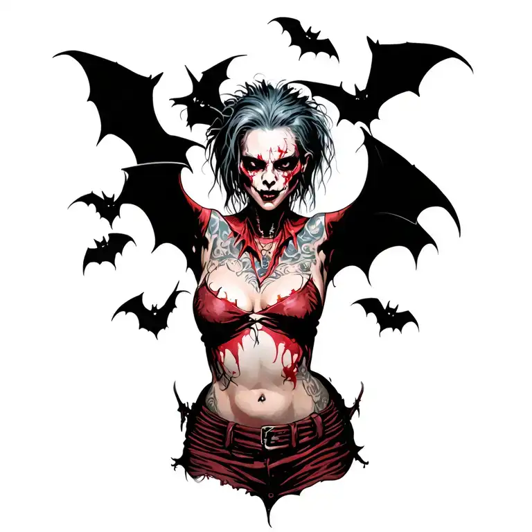 woman punk with gang of bats tattoo design idea