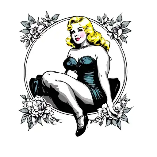 tasteful tattoo in simple american traditional style of a full body blonde chubby plus sized pin-up girl tattoo design idea
